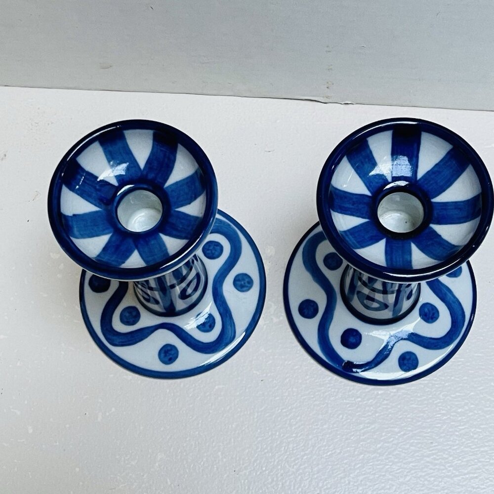 Vintage Dansk Arabesque Blue White Ceramic Candle Holders Set 2 Home Decor - Picture 5 of 9